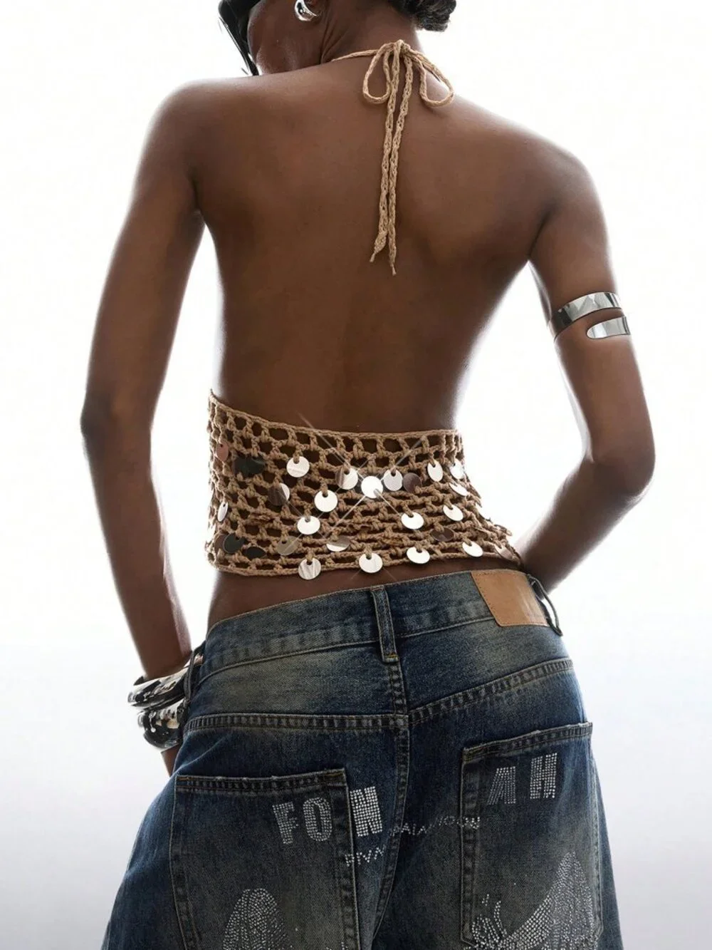 Sexy Women's Sequin detailed crochet Hollow Out Halter Backless Crop Top - Picture 3 of 10